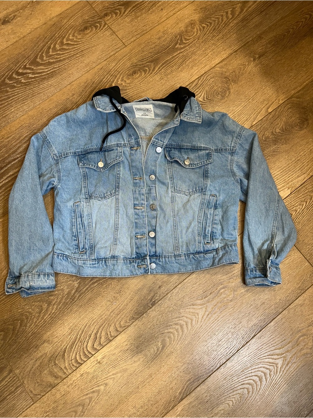 Light Blue Denim Jacket with Black Hood - Women's Jean Jacket sz LG